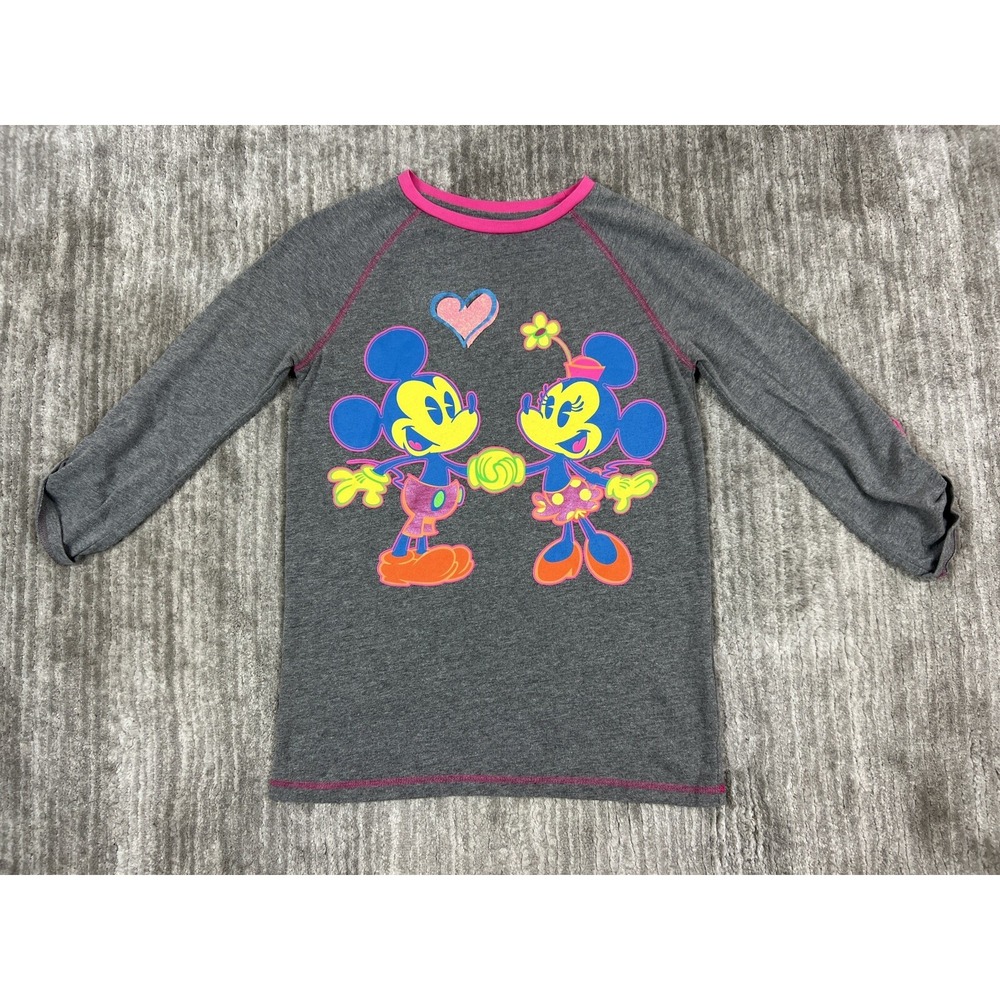 Disney Parks Top Womens XL Gray Mickey Minnie Mouse Raglan Roll Tab Neon Pink‎